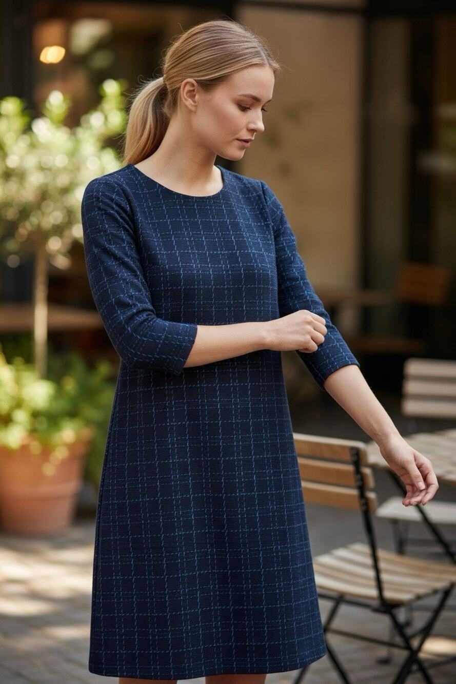 J Jill Women's Boxy Fit Size S Navy Grid Pattern Dress Shift Preppy Stretch Midi
